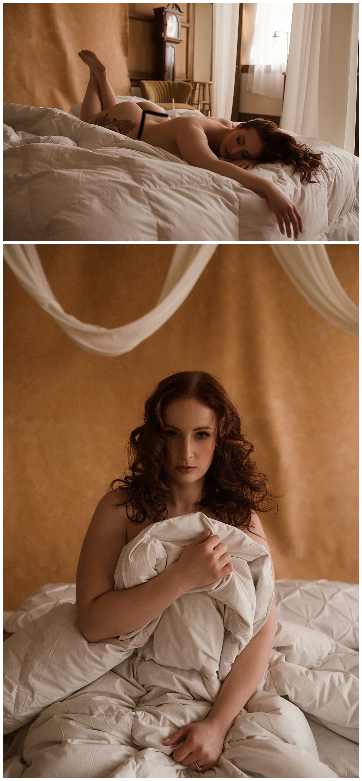 Adult covers body with white sheet and lays on a bed for Colorado Boudoir Photographer