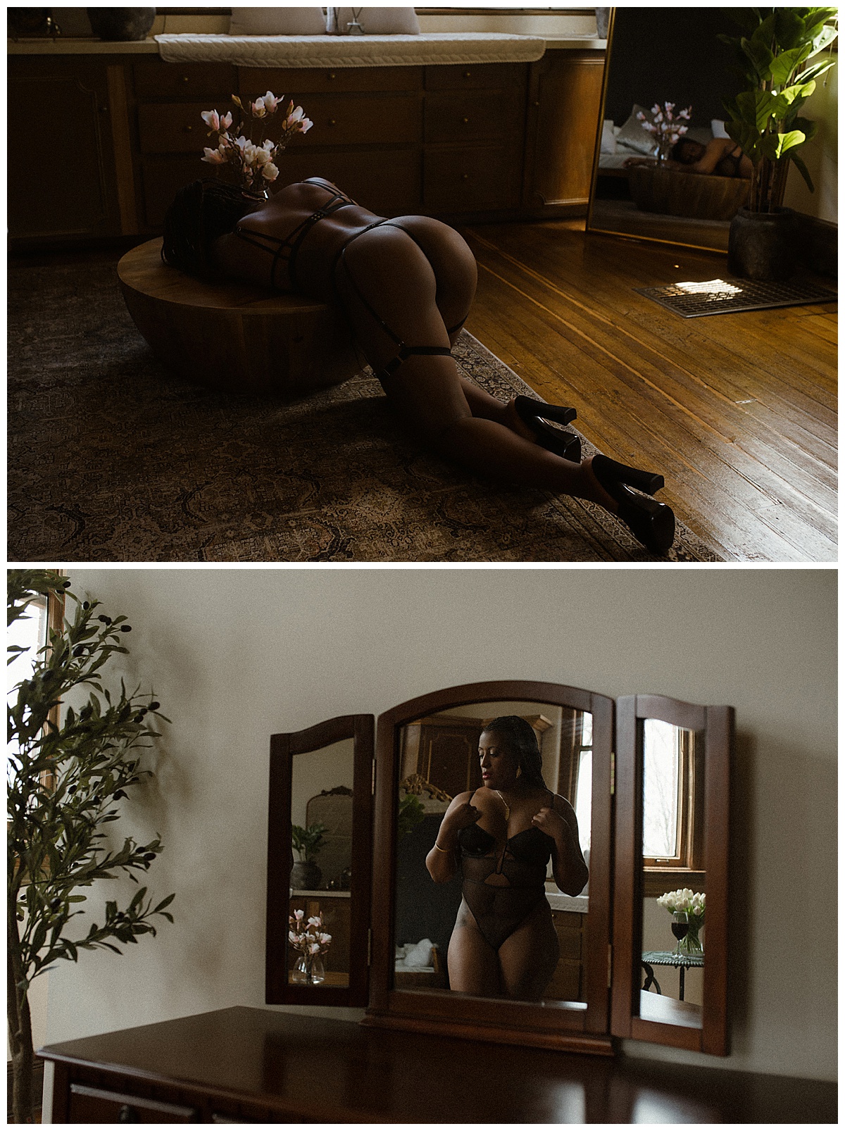 Person lays on the floor and stands in front of the mirror for Colorado Boudoir Photographer